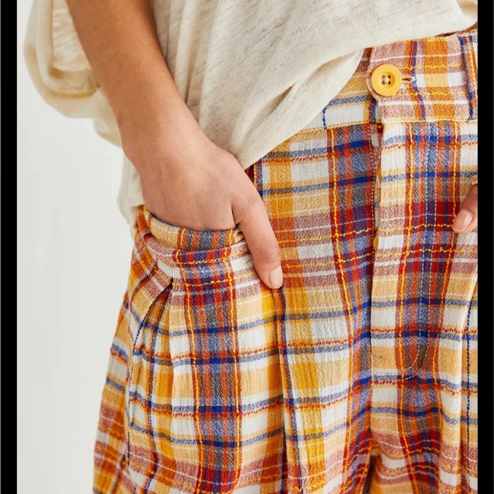 Free People Make A Stand Trousers Plaid Pleated Ankle Cropped Cotton Pant XS